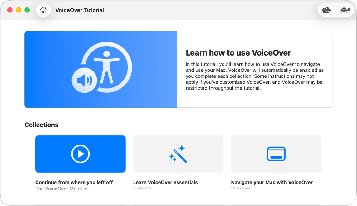 Il tutorial interattivo di VoiceOver con informazioni sull’utilizzo di VoiceOver.