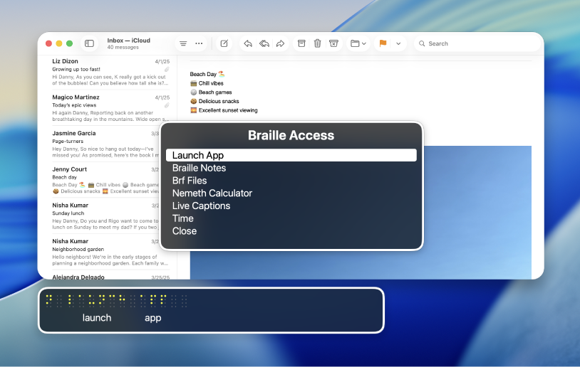 L’app Mail è aperta sulla scrivania. Il menu “Accesso Braille” e il pannello Braille sono visibili e il cursore è posizionato su “Avvia l’app”.