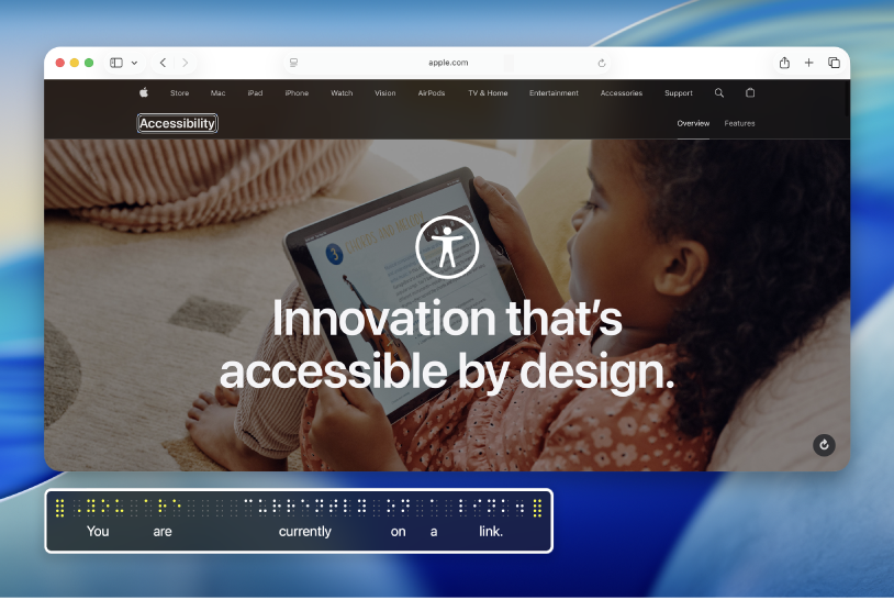La scrivania del Mac con una pagina web aperta. Sotto, il pannello Braille visualizza i contenuti su cui è posizionato il cursore di VoiceOver sulla pagina web utilizzando punti Braille gialli simulati con il relativo testo sotto i punti.