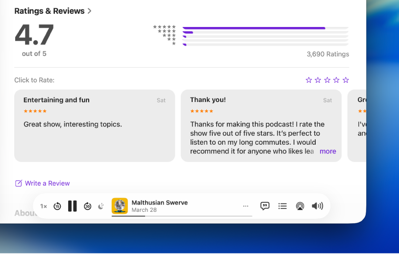 Розділ «Оцінки і відгуки» для шоу у програмі «Подкасти», що показує область вибору зірок для оцінки та параметр «Написати відгук».
