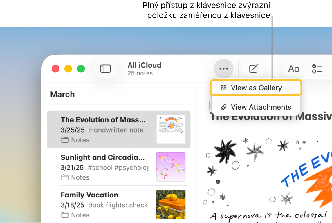 Otevřená aplikace Poznámky se zobrazeným panelem nástrojů Anotace. Funkce Plný přístup z klávesnice zvýraznila nástroj, na němž je kurzor