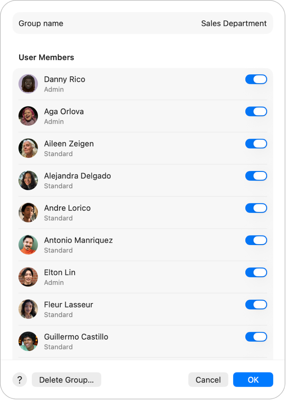 Muligheder for en gruppe i indstillingerne til Brugere & Grupper. Til højre for hver bruger er der en mulighed for at medtage eller fjerne brugeren fra gruppen. Nederst ses knapperne Hjælp, Slet konto, Annuller og OK.