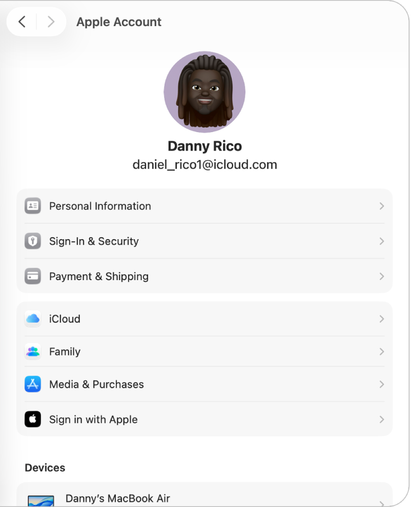 Apple Account settings showing the user’s Apple Account picture and name at the top, and the different types of account options you can set up and use below.