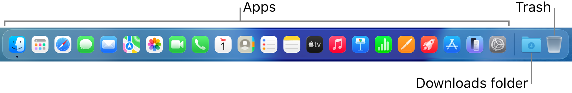 The Dock showing icons for apps, the Downloads folder, and the Trash.