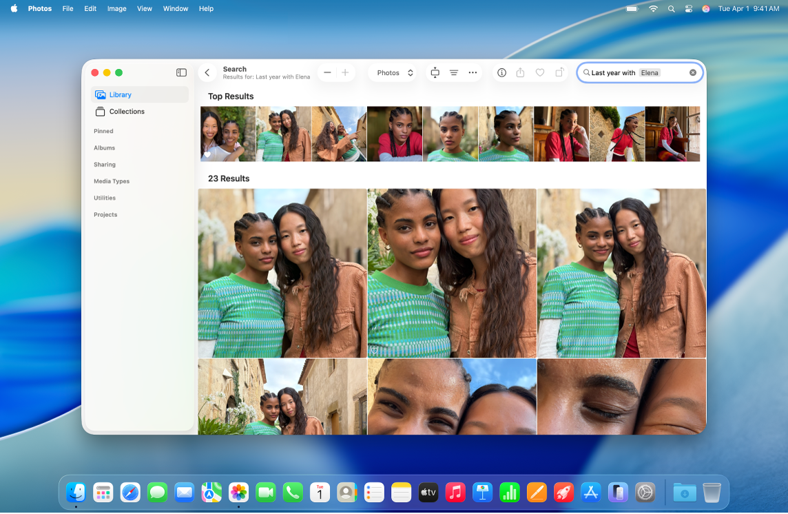 The Mac desktop showing the Photos app. The search field shows a natural language search, with the search results from the library below.