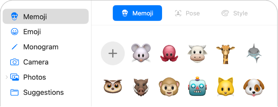 Pilihan gambar Akun Apple dengan Memoji dipilih di bar samping dan berbagai Memoji ditampilkan.