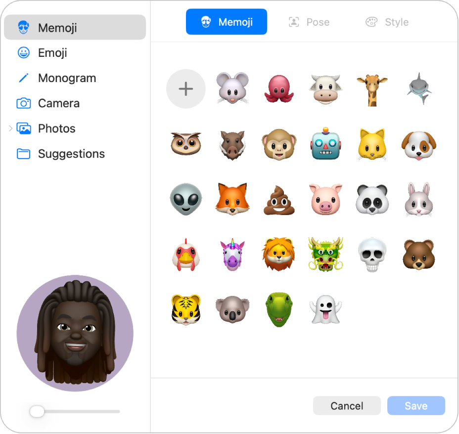 As opções de imagem da Conta Apple. Uma lista de opções de imagens é mostrada na barra lateral, incluindo Memoji, Monograma, Fotos, entre outras. A opção Memoji está selecionada e uma grade de Memojis é mostrada.