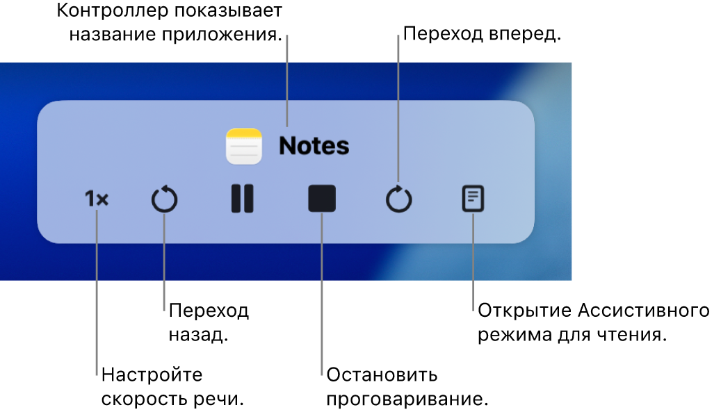 Экранный контроллер, который может отображаться, когда Mac проговаривает выбранный текст. Экранный контроллер содержит шесть кнопок, которые (слева направо) позволяют понизить скорость речи, перейти назад, запустить, приостановить или остановить проговаривание, перейти вперед и открыть ассистивный режим для чтения. Вверху контроллера отображается имя приложения.