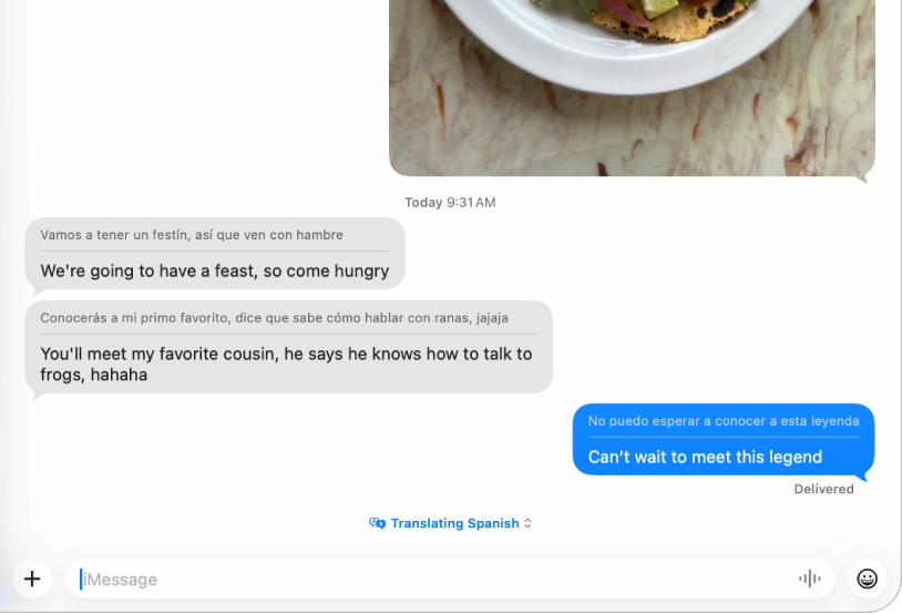 Окно приложения «Сообщения», в котором сообщение переводится с испанского на английский язык.