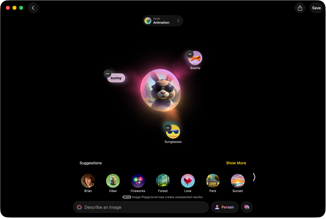 В окне приложения Image Playground создано изображение кролика в солнцезащитных очках.