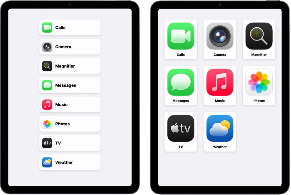 Два iPad екрана в Достъп с помощ. Единият показва екран Начало с приложения, подредени в редица. Другият показва уголемени приложения, подредени в решетка.