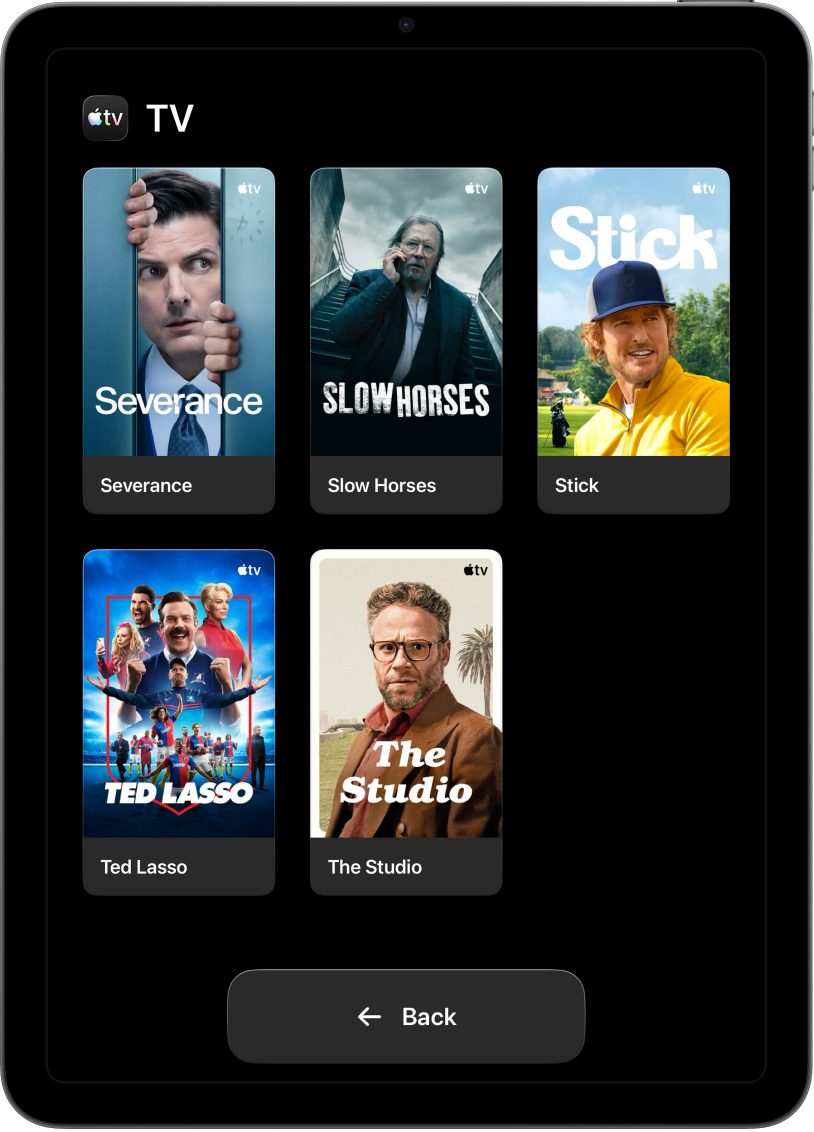 iPad с активиран Достъп с помощ, който показва Apple TV предавания в голяма мрежа и бутона Назад в долната част.