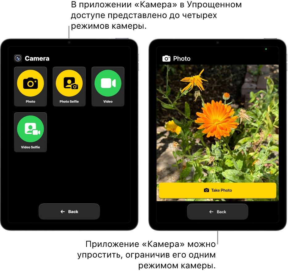 Показаны два iPad в режиме Упрощенного доступа. На одном iPad открыто приложение «Камера» и показаны доступные режимы камеры, например «Видео» и «Фотоселфи». На другом iPad в приложении «Камера» показан единственный режим для съемки фото.