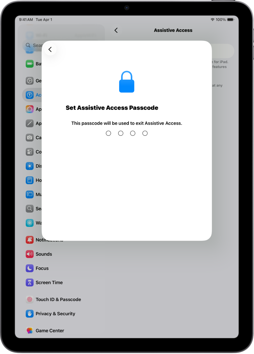 На iPad показан экран настроек код-пароля режима Упрощенного доступа, который используется для входа в режим и выхода из него.