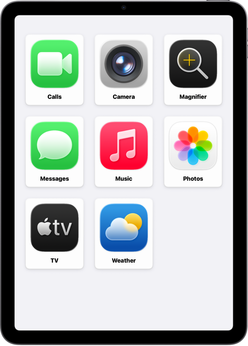 iPad, ki prikazuje začetni zaslon Prilagojeni dostop z veliko mrežo ikon aplikacij in njihovih imen.