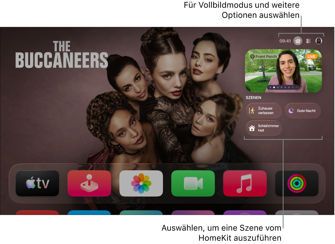 Apple TV-Bildschirm mit dem Tab „Apple Home“