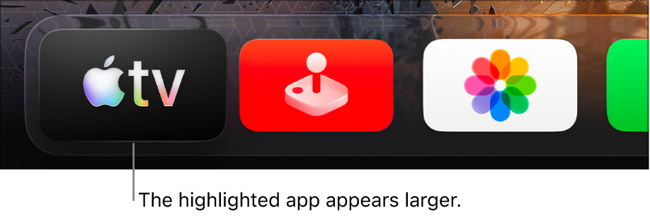 The Apple TV app highlighted in the top row of the Apple TV Home Screen.