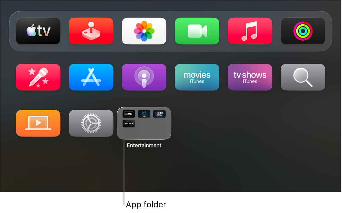 Apple TV Home Screen with an app folder shown.