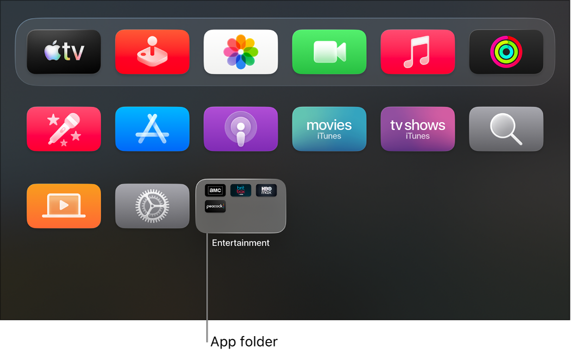 Apple TV Home Screen with an app folder shown.