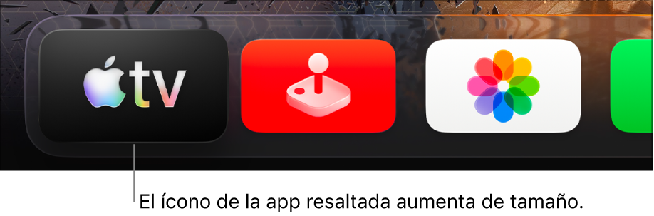 En la fila superior de la pantalla de inicio del Apple TV, la app Apple TV está resaltada.