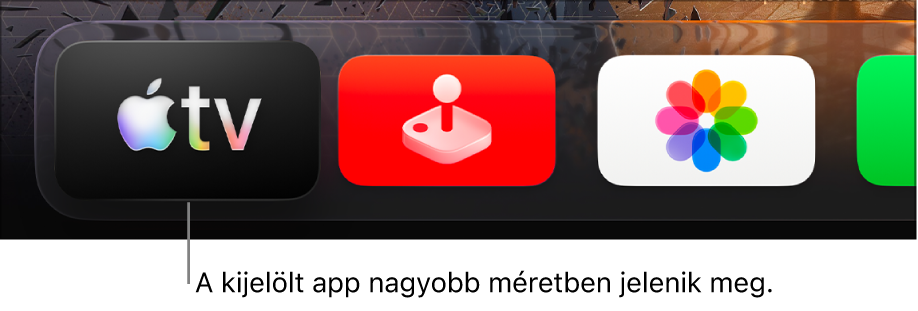 Az Apple TV app kiemelve az Apple TV Főképernyőjének felső sorában.