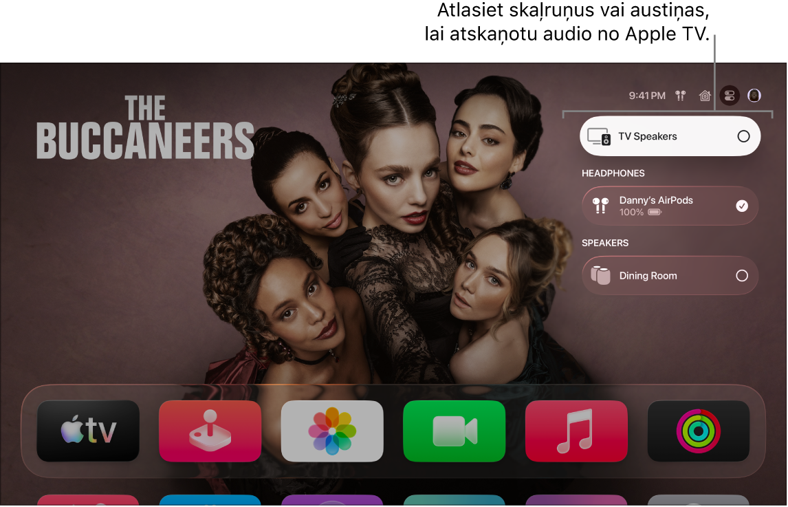 Apple TV ekrānā redzamas izvēlnes Control Center audio vadīklas
