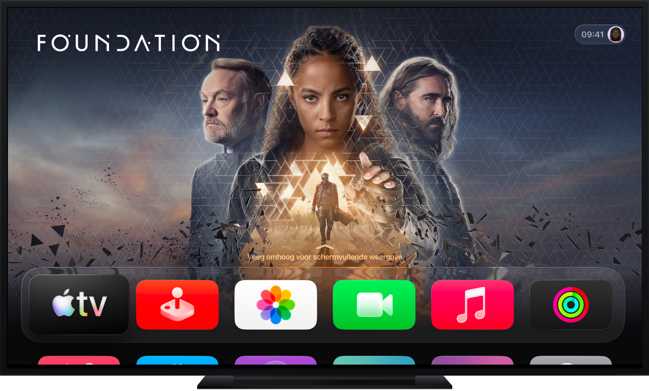 Een Apple TV waarop het beginscherm wordt weergegeven