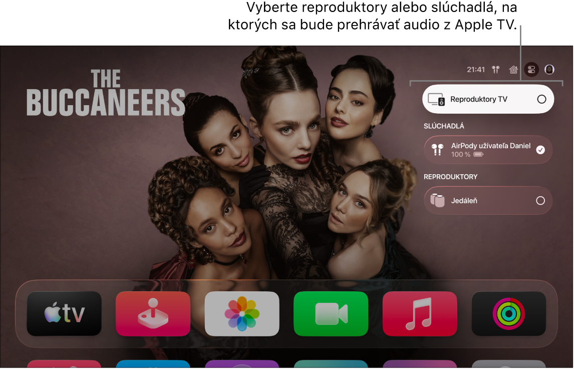 Obrazovka Apple TV so zobrazením ovládacích prvkov ovládacieho centra