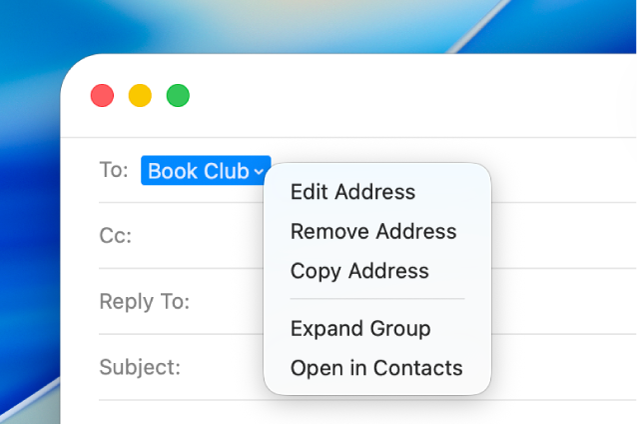 Um e-mail na aplicação Mail a mostrar uma lista no campo Para e o menu pop-up com o comando Expandir grupo.