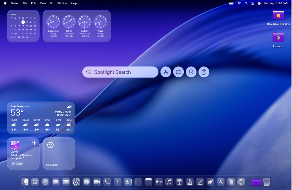 Le bureau d’un Mac avec des icônes, des widgets et des dossiers personnalisés, et une recherche Spotlight ouverte.