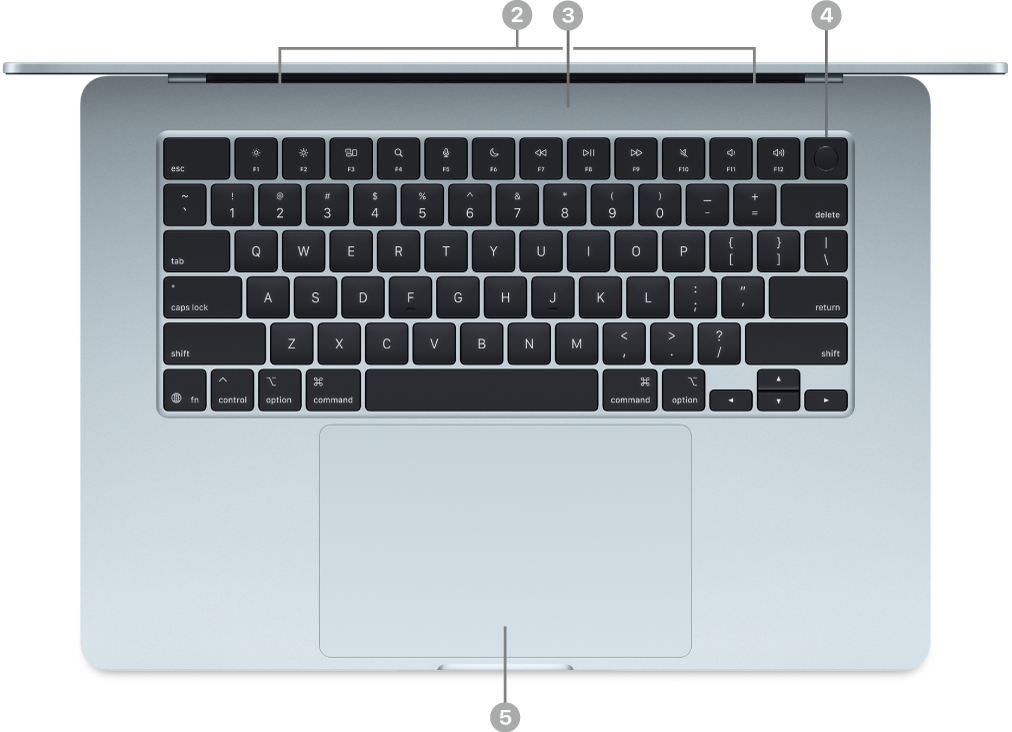 An open MacBook Air, viewed from above, showing the speakers, microphones, Touch ID (power) button, and Force Touch trackpad.