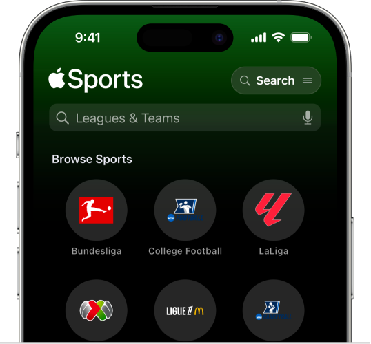 Apple Sports -apin hakunäyttö