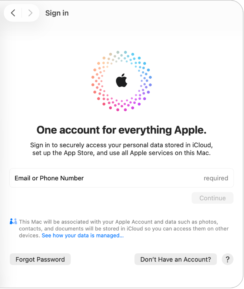 Τμήμα σύνδεσης σε λογαριασμό Apple με πεδίο κειμένου για εισαγωγή διεύθυνσης email ή αριθμού τηλεφώνου.