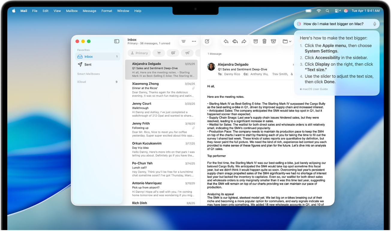 The Siri request field and response in the top-right corner of the Mac desktop.