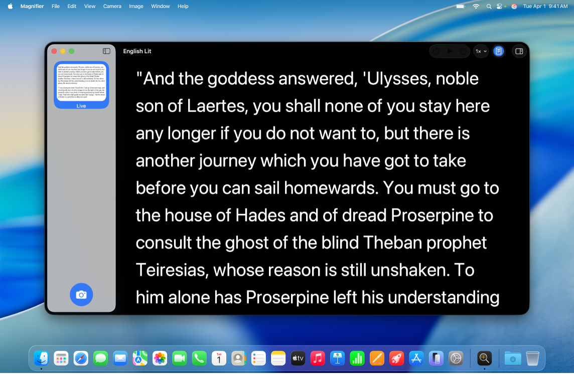 The Magnifier window is open on the desktop. Text from a screen is displayed in large font on a black background.