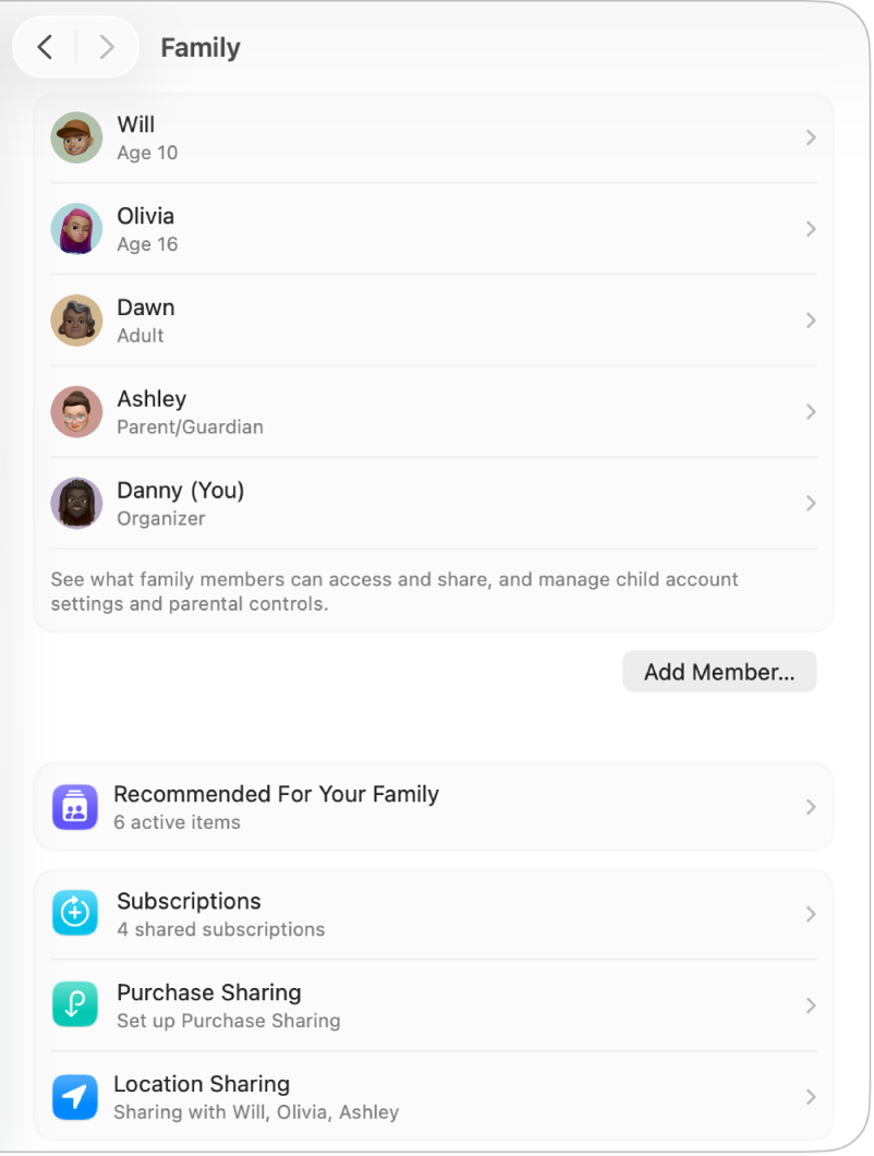 La configuración de Familia mostrando una lista de familiares para una cuenta existente y diferentes tipos de opciones de cuenta que puedes usar con Compartir en familia.