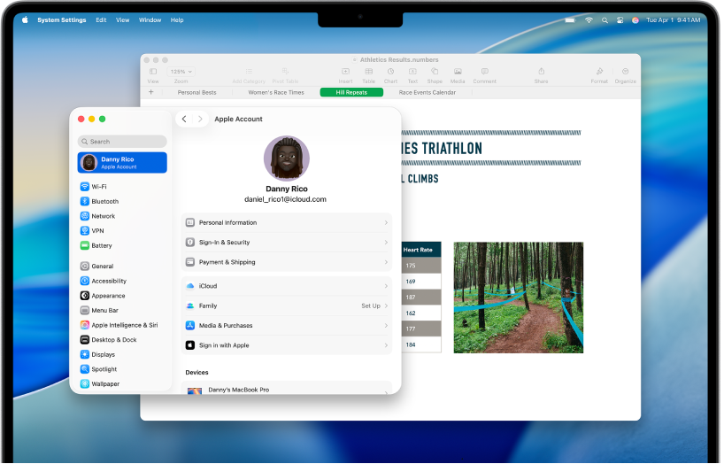Le bureau d’un Mac avec les réglages « Compte Apple » affichés et un document Numbers ouvert derrière.
