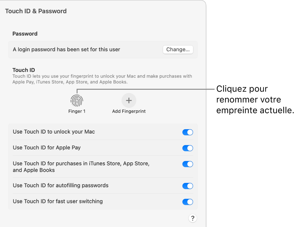 Réglages « Touch ID et mot de passe » indiquant qu’une empreinte est prête à être utilisée pour déverrouiller le Mac.