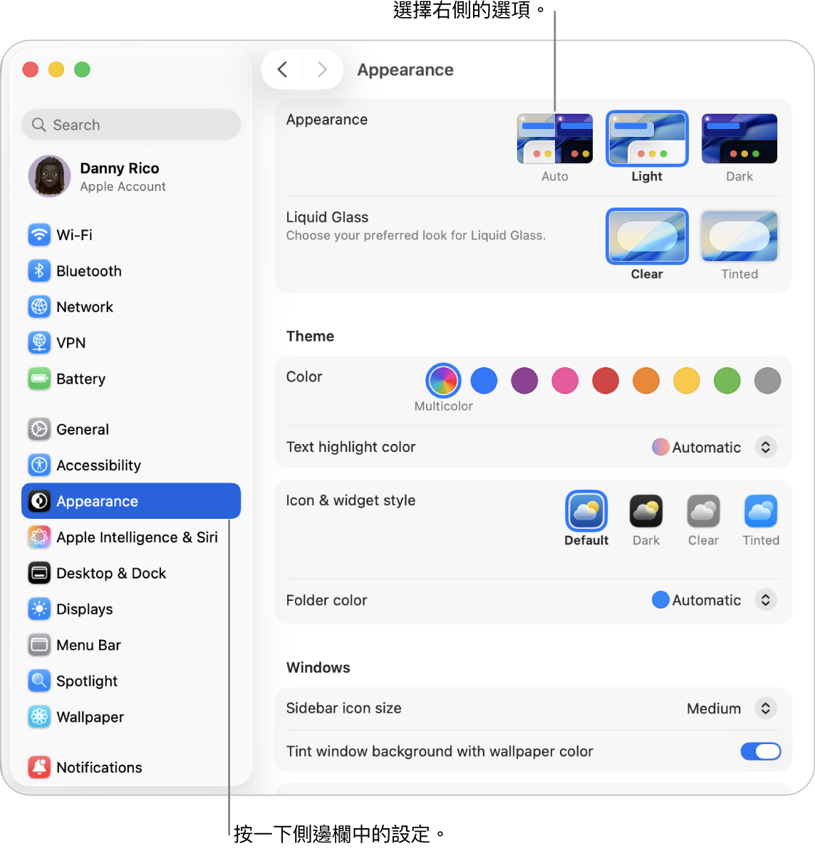 「系統設定」視窗,已在側邊欄中選取「外觀」設定,右側為「外觀」選項。
