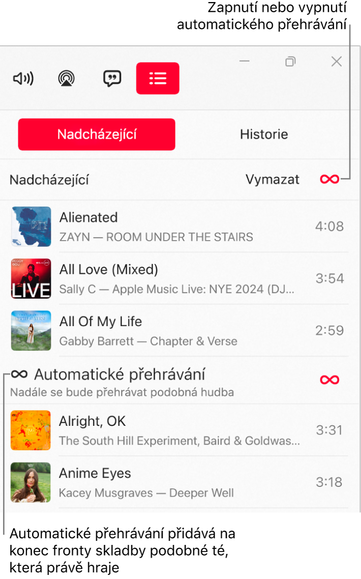 Fronta Nadcházející se seznamem nadcházejících skladeb a ikonou automatického přehrávání po pravé straně. Automatické přehrávání zapnete nebo vypnete výběrem jeho ikony. Poku je automatické přehrávání zapnuté, budou se na konec fronty přidávat podobné skladby.