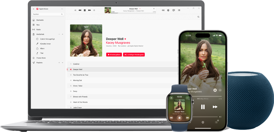Ein Musiktitel, der auf einem Mac, einem iPhone, einer Apple Watch und einem HomePod abgespielt wird.