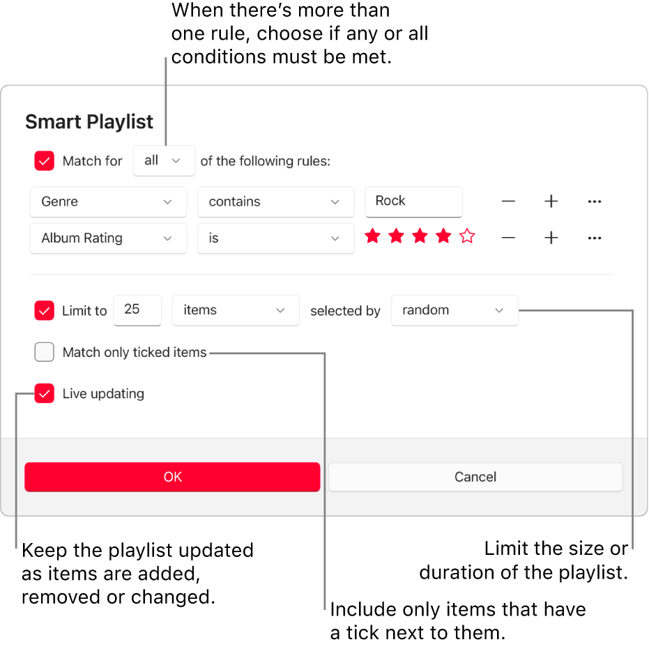 The Smart Playlist dialogue: In the top-left corner, select Match, then specify the playlist criteria (such as genre or rating). Continue to add or remove rules by selecting the Add or Remove button on the right. Select various options in the lower portion of the dialogue such as limiting the size or duration of the playlist, including only songs that are ticked, or having Apple Music update the playlist as items in your library change.