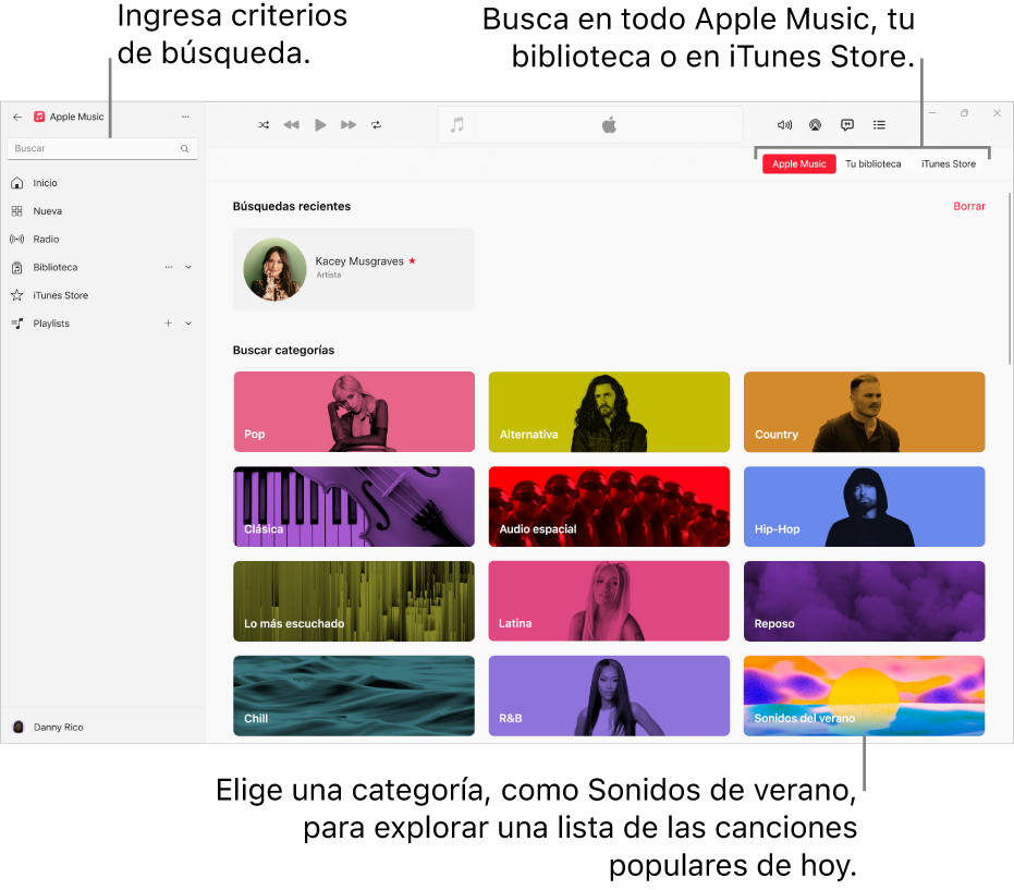 La ventana de la app Apple Music muestra el campo de búsqueda en la esquina superior izquierda, la lista de categorías en el centro de la ventana y los botones Apple Music, Tu biblioteca y iTunes Store en la esquina superior derecha.