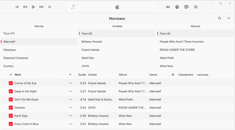 La fenêtre Musique affichant le navigateur par colonne au-dessus de la liste des morceaux.