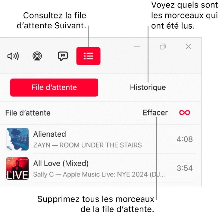 Le coin supérieur droit de la fenêtre Apple Music avec le bouton Suivant en haut de la file d’attente Suivant. Le bouton Historique se trouve à droite du bouton Suivant. Sélectionnez le bouton Historique pour consulter les morceaux déjà écoutés. Le lien Effacer se trouve sous le bouton Historique. Sélectionnez le lien Effacer pour supprimer tous les morceaux de la file d’attente.