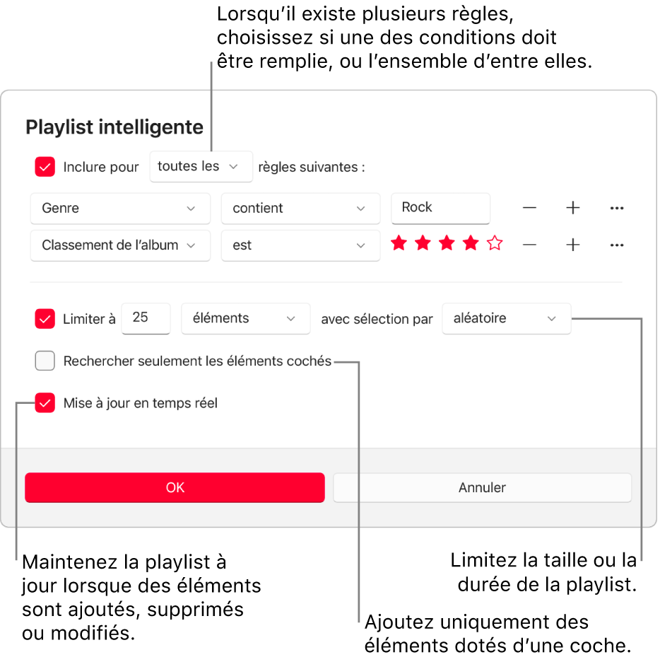 La zone de dialogue « Playlist intelligente » : Dans le coin supérieur gauche, sélectionnez Inclure, puis indiquez les critères de la playlist (comme Genre ou Classement). Continuez à ajouter ou supprimer des règles en sélectionnant le bouton Ajouter ou Supprimer à droite. Sélectionnez différentes options dans la partie inférieure de la zone de dialogue, comme la limitation de la taille ou de la durée d’une playlist, l’utilisation exclusive des éléments cochés ou la mise à jour de la playlist par Apple Music lorsque votre bibliothèque est modifiée.