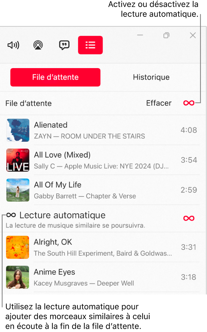 La file dʼattente Suivant, affichant une liste des morceaux suivants et lʼicône de la lecture automatique à droite. Sélectionnez lʼicône de la lecture automatique pour activer ou désactiver cette fonctionnalité. Lorsque la lecture automatique est activée, des morceaux similaires sont ajoutés à la fin de la file d’attente.