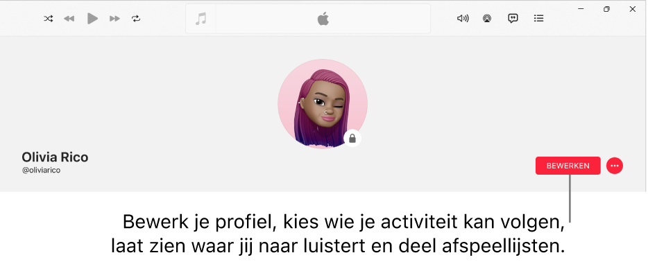 De profielpagina in Apple Music: aan de rechterkant van het venster is de knop 'Bewerken'; deze kun je selecteren om je profiel te bewerken, om op te geven wie je activiteit kan volgen, om te laten zien waar je naar luistert en om afspeellijsten te delen.