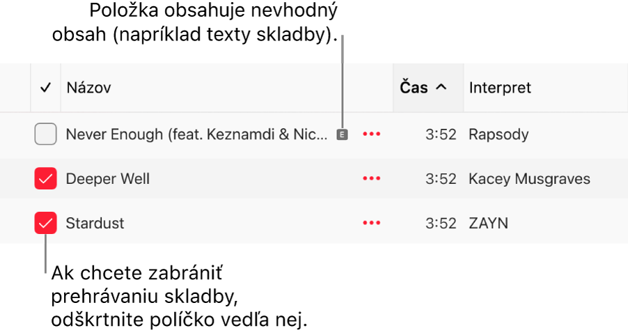Detail zoznamu skladieb v apke Apple Music znázorňujúci zaškrtávacie políčka a symbol nevhodného obsahu pre prvú skladbu (označuje, že sa tam nachádza nevhodný obsah, ako napríklad text). Ak chcete zabrániť, aby sa skladba prehrávala, zrušte zaškrtnutie polička vedľa danej skladby.