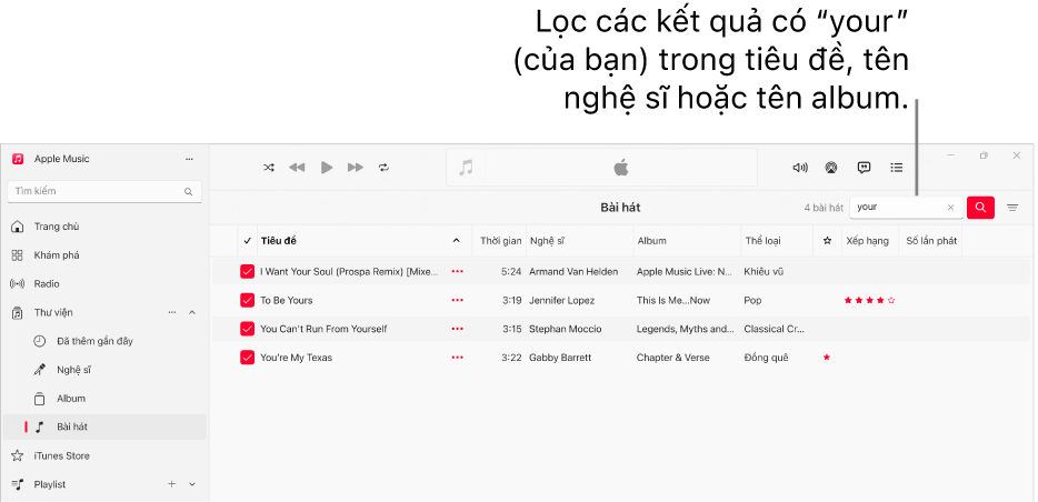 Cửa sổ Apple Music đang hiển thị danh sách các bài hát xuất hiện khi bạn nhập “love” vào trường bộ lọc ở góc trên cùng bên phải. Các bài hát trong danh sách có từ “love“ trong tiêu đề, tên nghệ sĩ hoặc tên album.